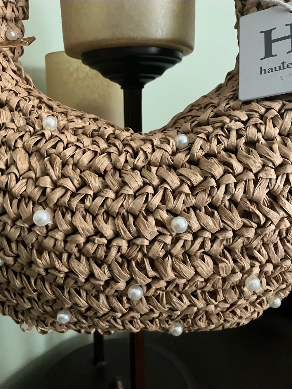 Haute Hippie Woven Straw Hobo Bag with Embellished Pearls - Tan - Picture 3 of 6